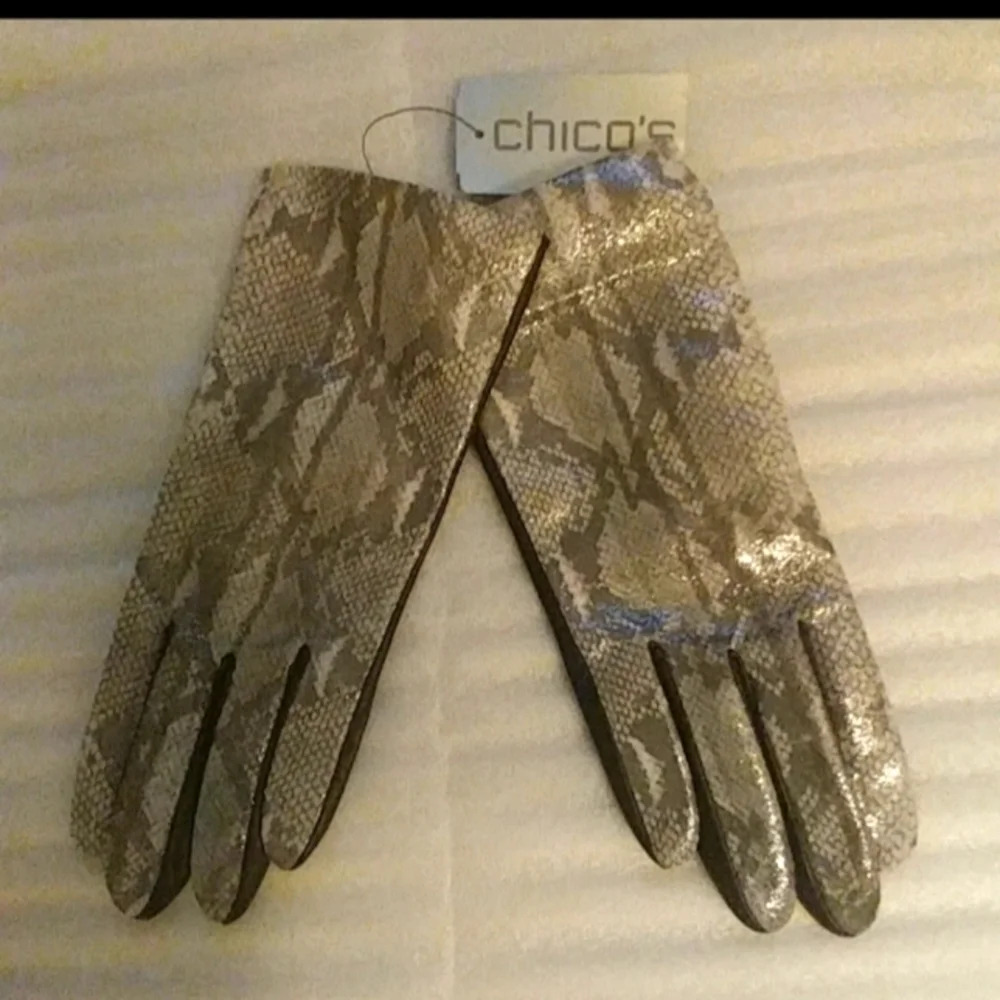 CHICO'S METALLIC EXOTIC LEATHER GLOVES BROWN/ GOLD -SZ. MED- LINED NWT